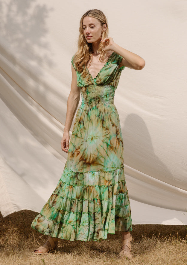 dress 55778 Polly Pine green embroidered organdie - Boho-Chic Clothing