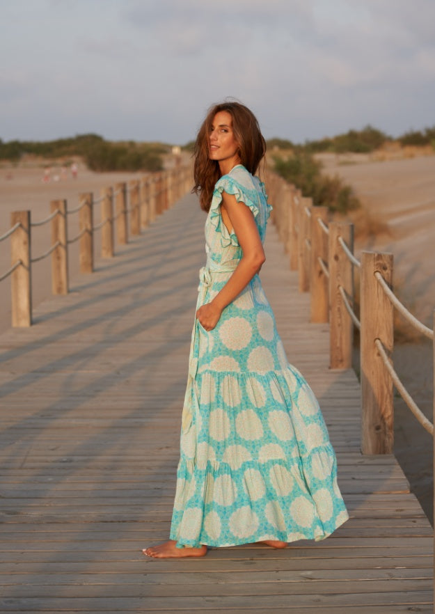 Izzy Wrap Long Dress // Benirras Print - Celeste