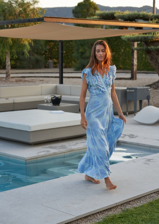 Izzy Wrap Long Dress // Benirras Print - Aqua