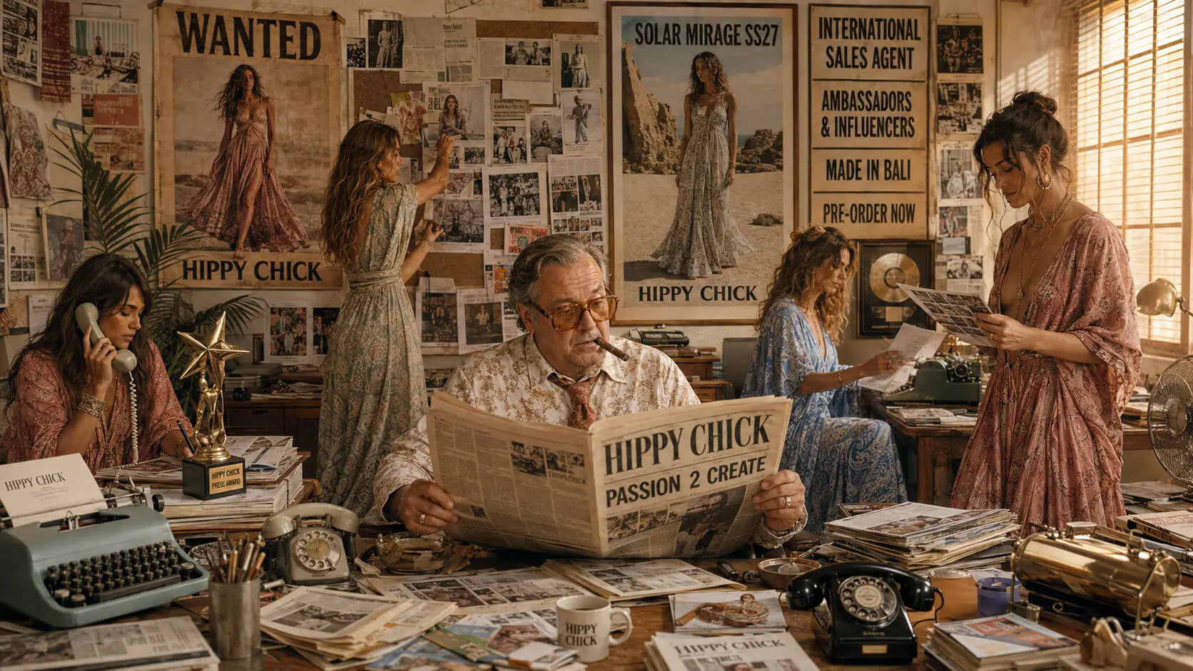 The Hippy Chick Ibiza press office, styled as a lively 1970s newsroom with journalists, newspapers and Solar Mirage campaign posters